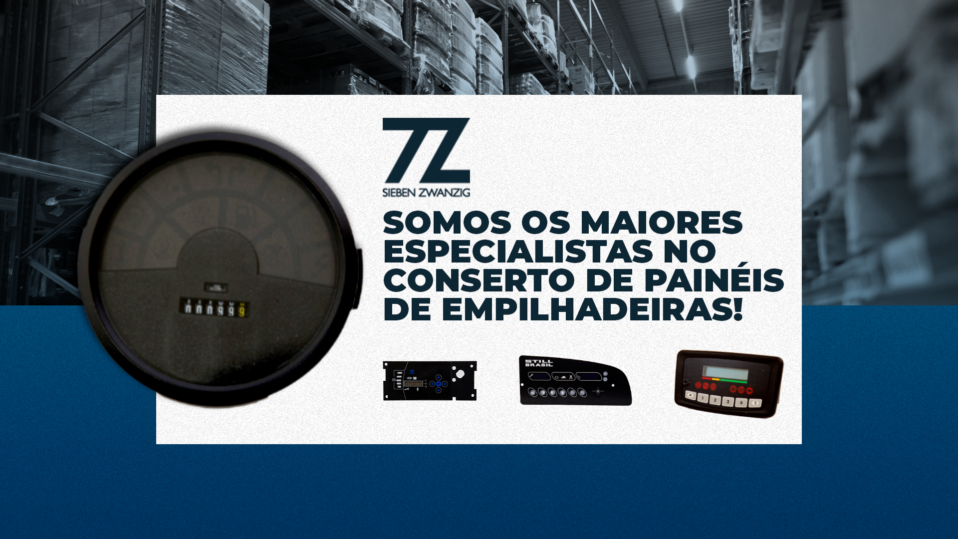 Vários painéis de empilhadeira diferentes e o seguinte texto: Somos os maiores especialistas no conserto de painéis de empilhadeiras